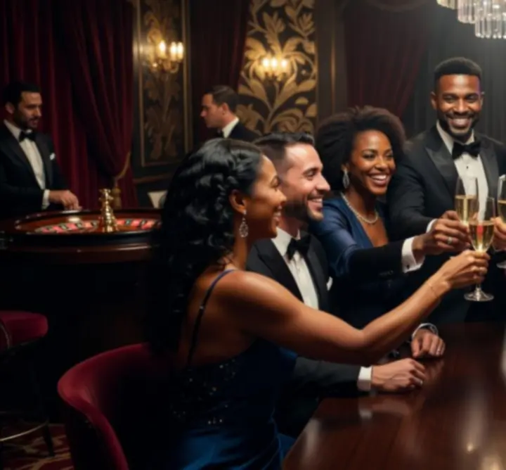 Elégedett üzleti ügyfelek csoportképe egy vállalati kaszinóest után