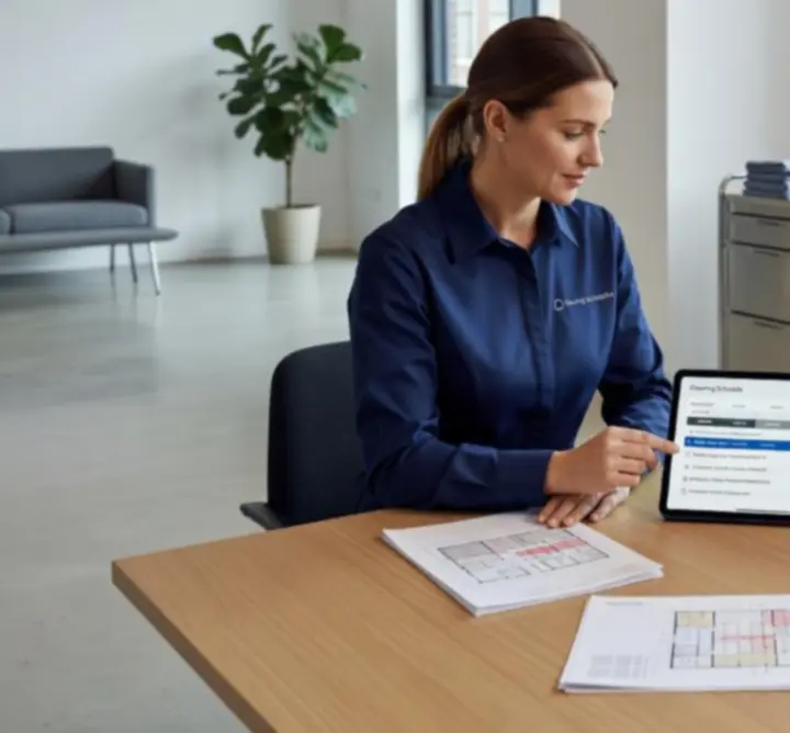 Adviesgesprek over schoonmaakplan in een kantooromgeving