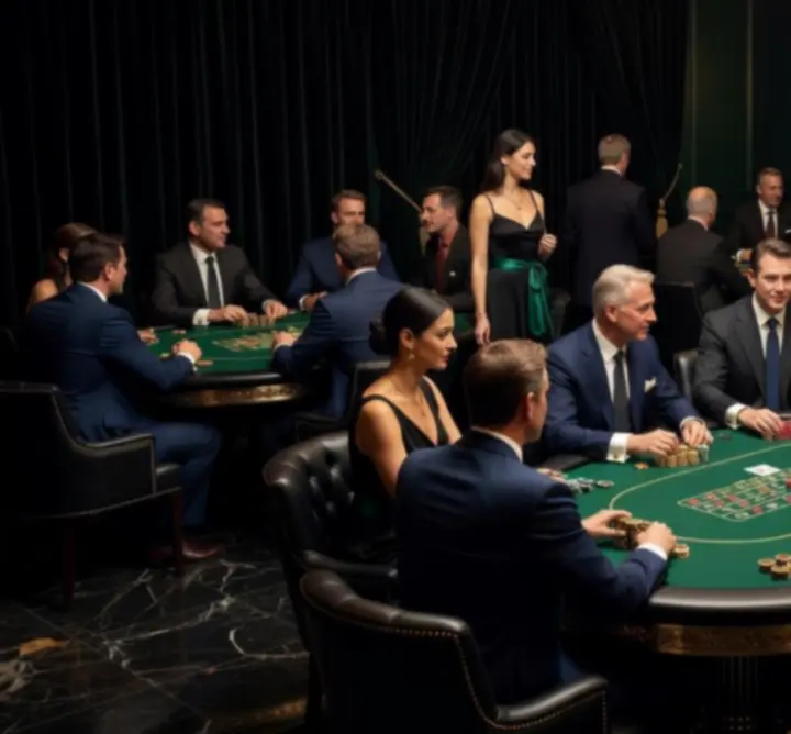 Elegáns vállalati kaszinóest pókerasztalokkal és vendégekkel