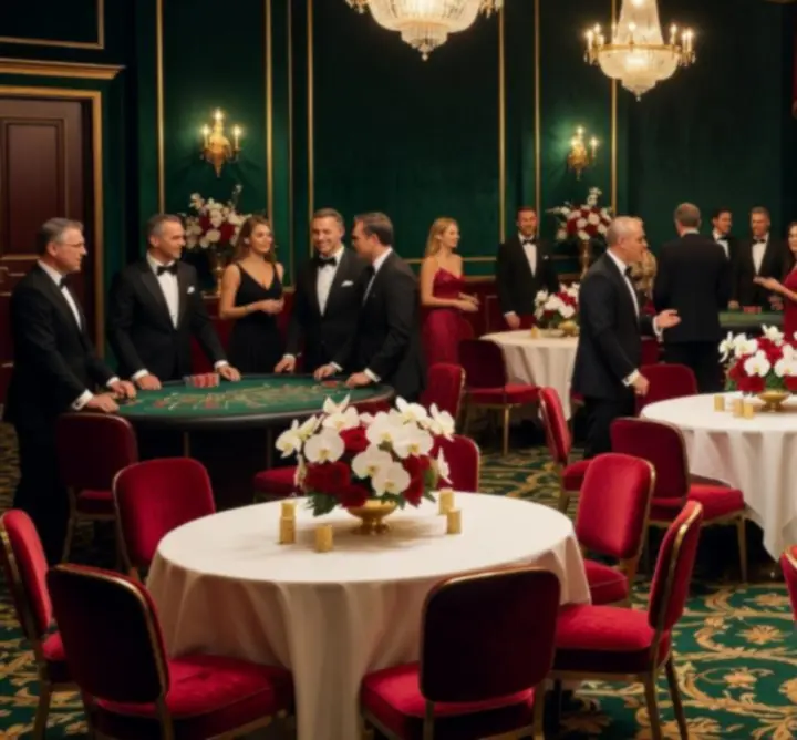 Fényűző kaszinó-stílusú rendezvényterem elegáns asztalokkal és hangulatos megvilágítással