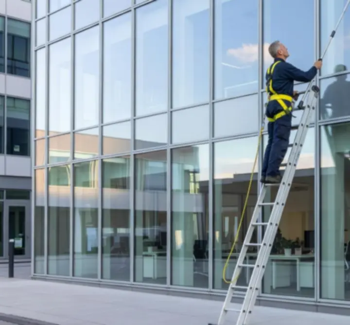 Professionele glasbewassing van kantoorramen voor een streeploos resultaat.