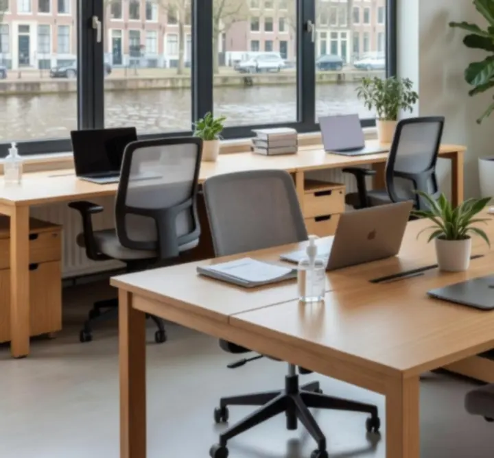 Vlekkeloos schoon, modern kantoor met opgeruimde werkplekken