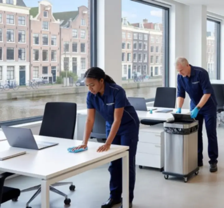 Schoonmaakteam dat een modern kantoor grondig reinigt